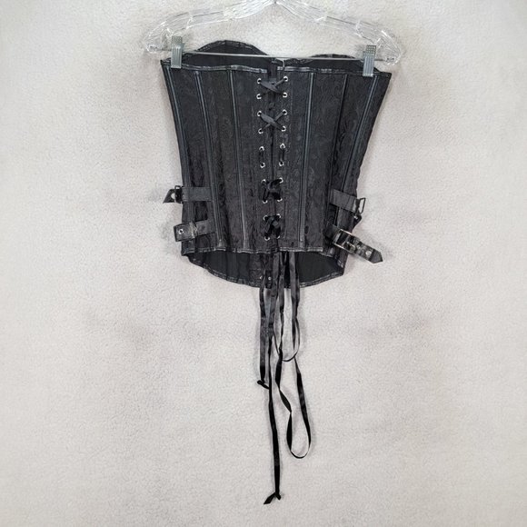Black Floral Satin Gothic Strapless Steampunk Buckle Lace Up Sexy Bustier Corset - Picture 13 of 15